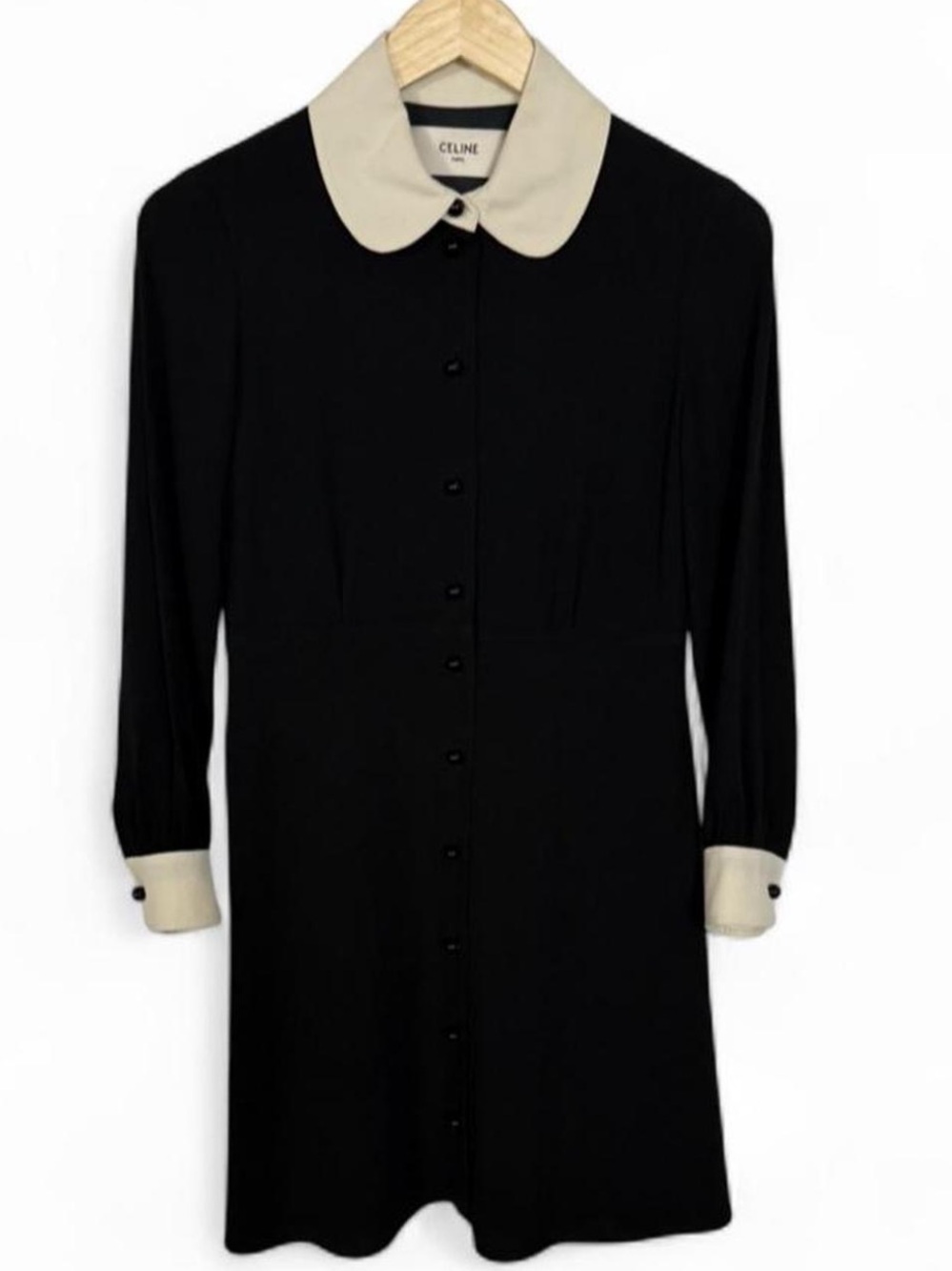 Celine Black Long-Sleeve Dress with Cream Collar
